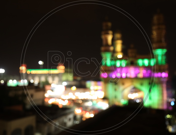 Bokeh Background Of Majestic Charminar View With Colourful Lights During Ramzan Month