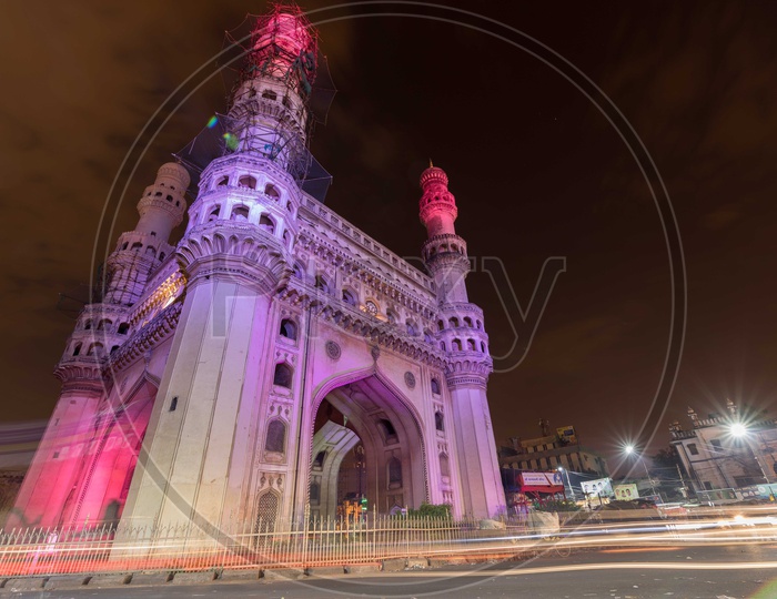Long Exposure Of Charminar With Moving Vehicles  Light trail In night Time