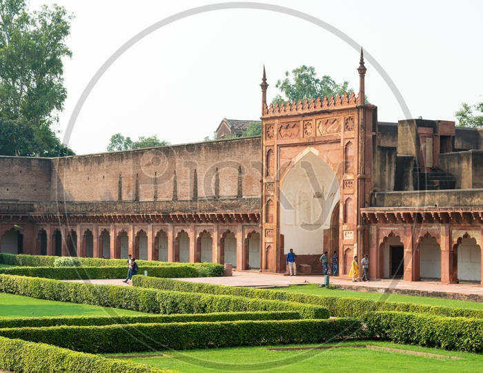 Agra Fort With Architecture View With Walls And Visitors