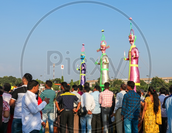 Crowd watching effigies of Ravan during Dussehra celebrations, 2019.