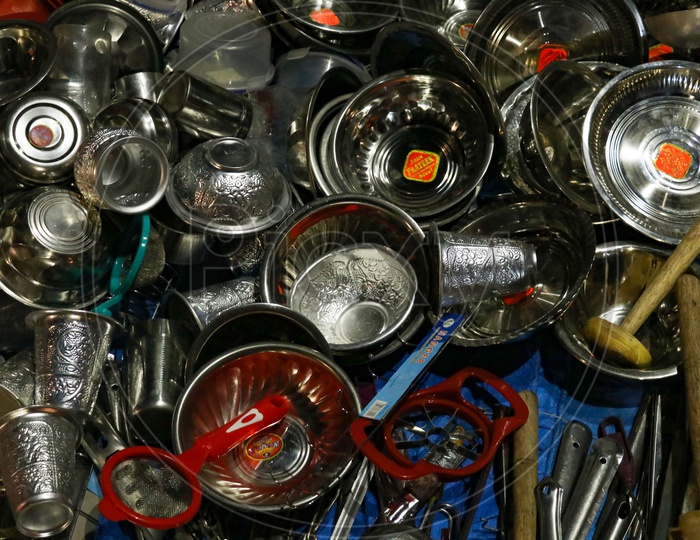 Display of kitchen utensils steel containers