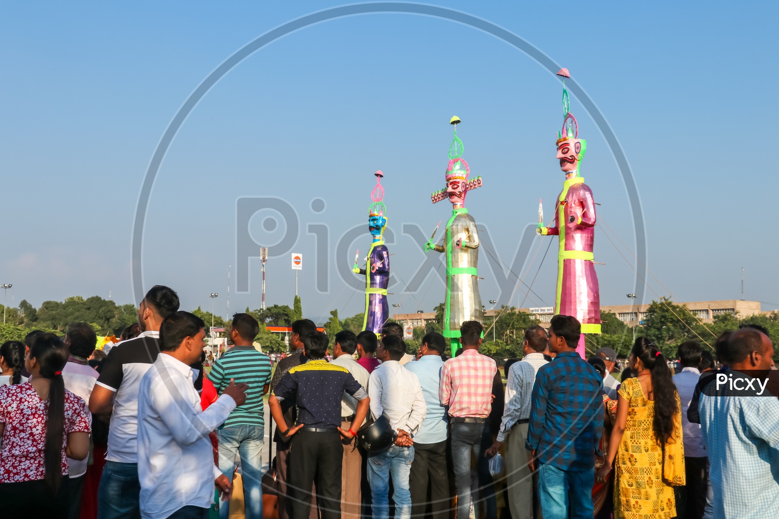 Crowd watching effigies of Ravan during Dussehra celebrations, 2019.