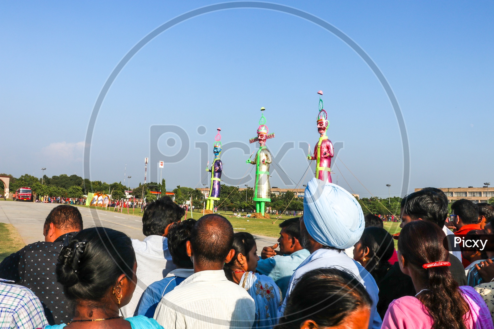 People gathering to watch the effigy of Ravan burning during Dussehra celebrations