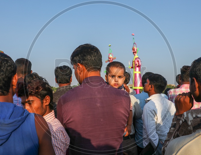 Crowd watching the effigies of Ravan during Dussehra celebrations, 2019.