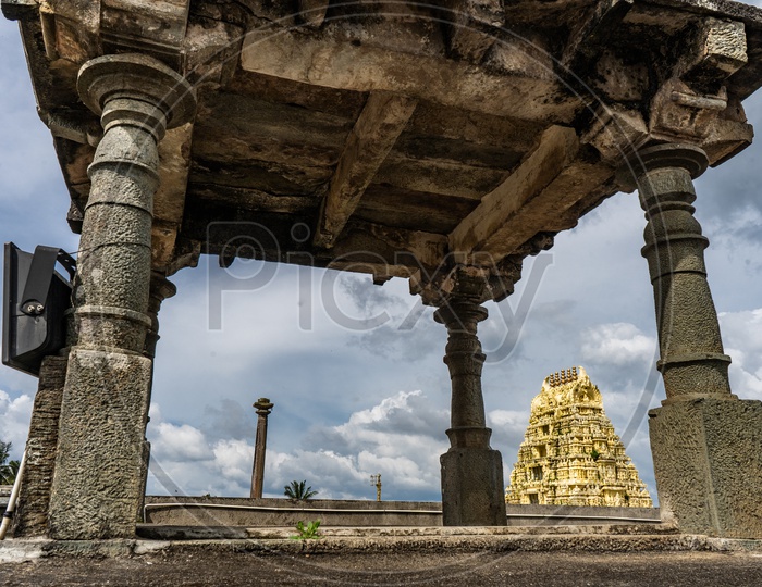 Architecture Of Ancient Hindu Temple With Stone Crafted  Wall Sculptures And Pillars At Sri Chennakeshava Temple in Belur , Karnataka