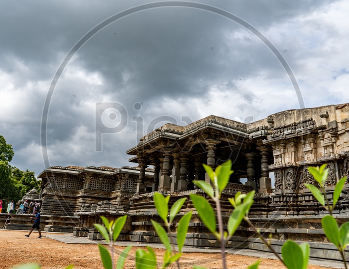 Architecture Of  Ancient Hoysala's Built Belur Chennakeshava Temple View With Dark Clouds In Background
