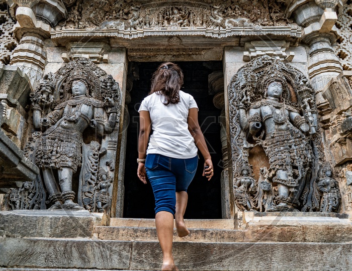 Indian Young Woman At Belur Chennakeshava Temple In Karnataka