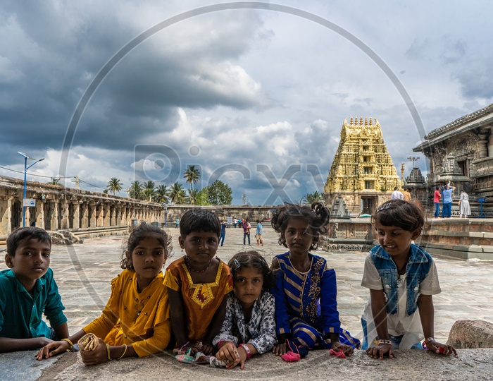 Indian Children Playing At Belur Chennakeshava Temple In Karnataka