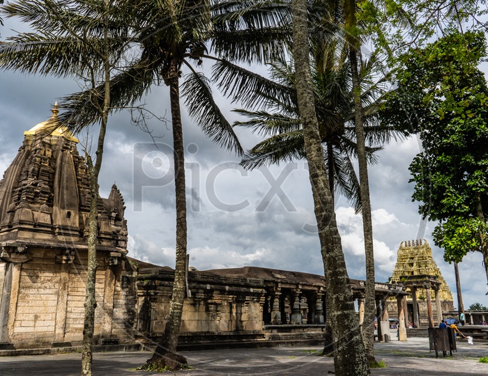Hindu Temple Shrine Of  Belur Chennakeshava Temple With Coconut Tree Canopy And  Sky As Background