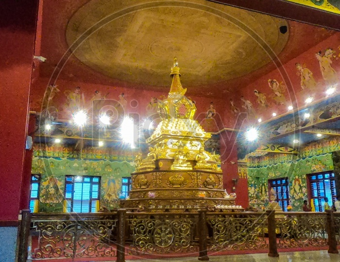 Golden Stupas At Buddhist Temple In Namdroling Monastery
