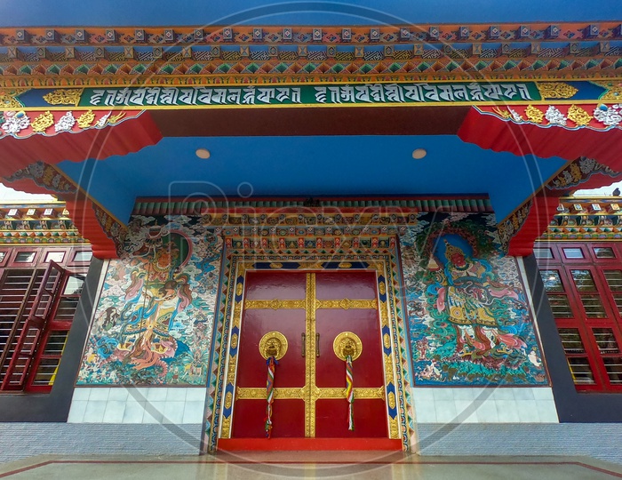 Door Of Buddhist Golden Temple At Namdroling Monastery At Bylakuppe , Karnataka
