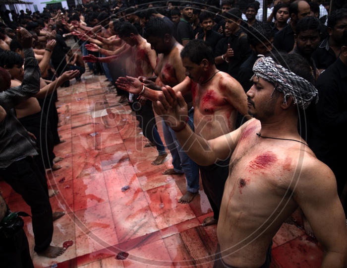 Muslim Devotees Flagellating  With Blades During Muharrum Mourning At Bibi Ka Alawa in Hyderabad