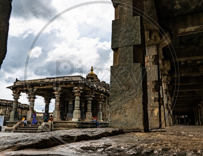 Architecture Of Ancient Hindu Temple With Shrine  And Pillars At Sri Chennakeshava Temple in Belur , Karnataka