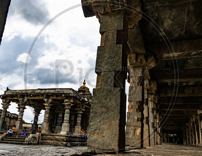 Architecture Of Ancient Hindu Temple With Shrine  And Pillars At Sri Chennakeshava Temple in Belur , Karnataka