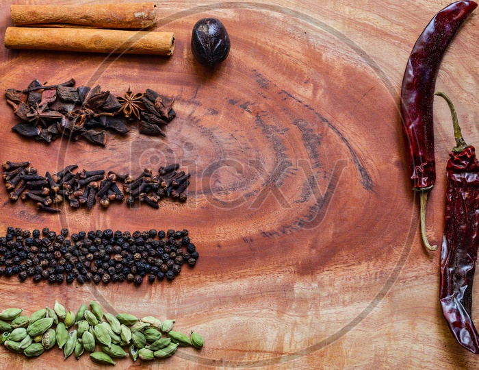 Typical Ingredients For A Garam Masala Black Peppercorns, Mace, Cinnamon, Cloves, Dried Red Chilli And Green Cardamom In A Wooden Background