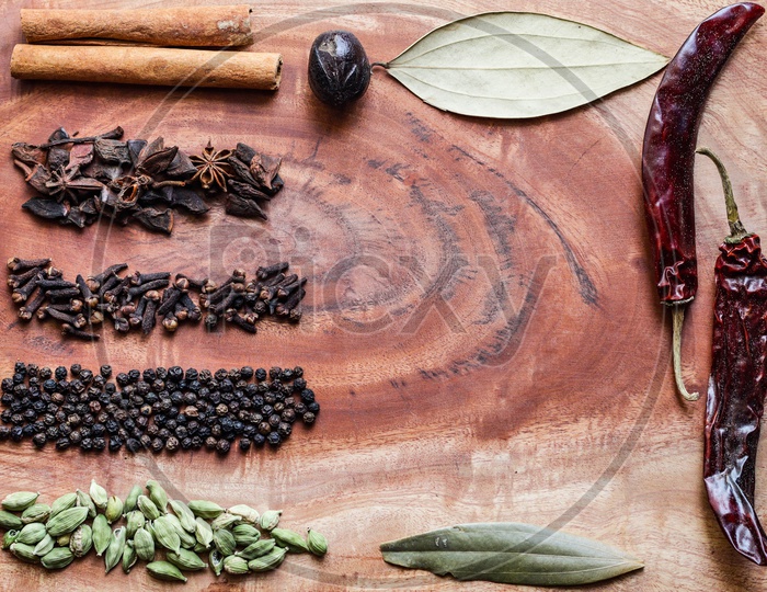Typical Ingredients For A Garam Masala Black Peppercorns, Mace, Cinnamon, Cloves, Dried Red Chilli And Green Cardamom In A Wooden Background