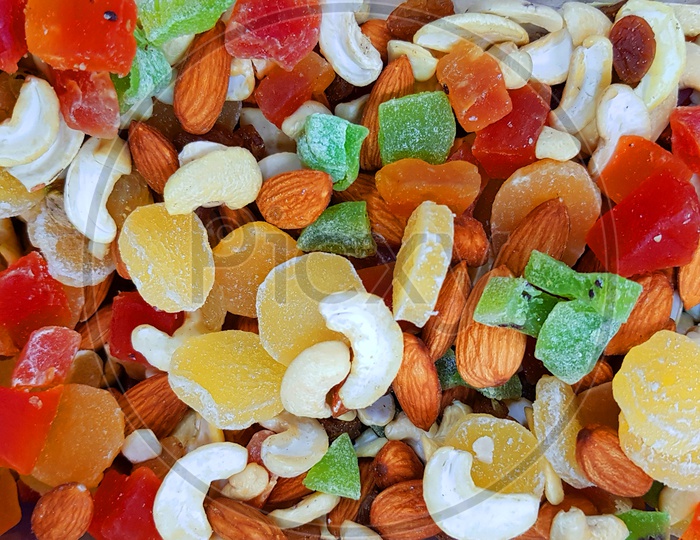 Colourful Dry Fruits And Nuts In A Shop For Sale
