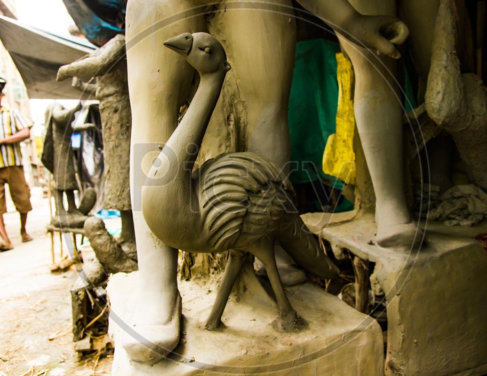 Kumartuli,West Bengal, India, July 2018. A Clay Statue Of A Peacock Under Construction At A Shop During Day Time For Sale