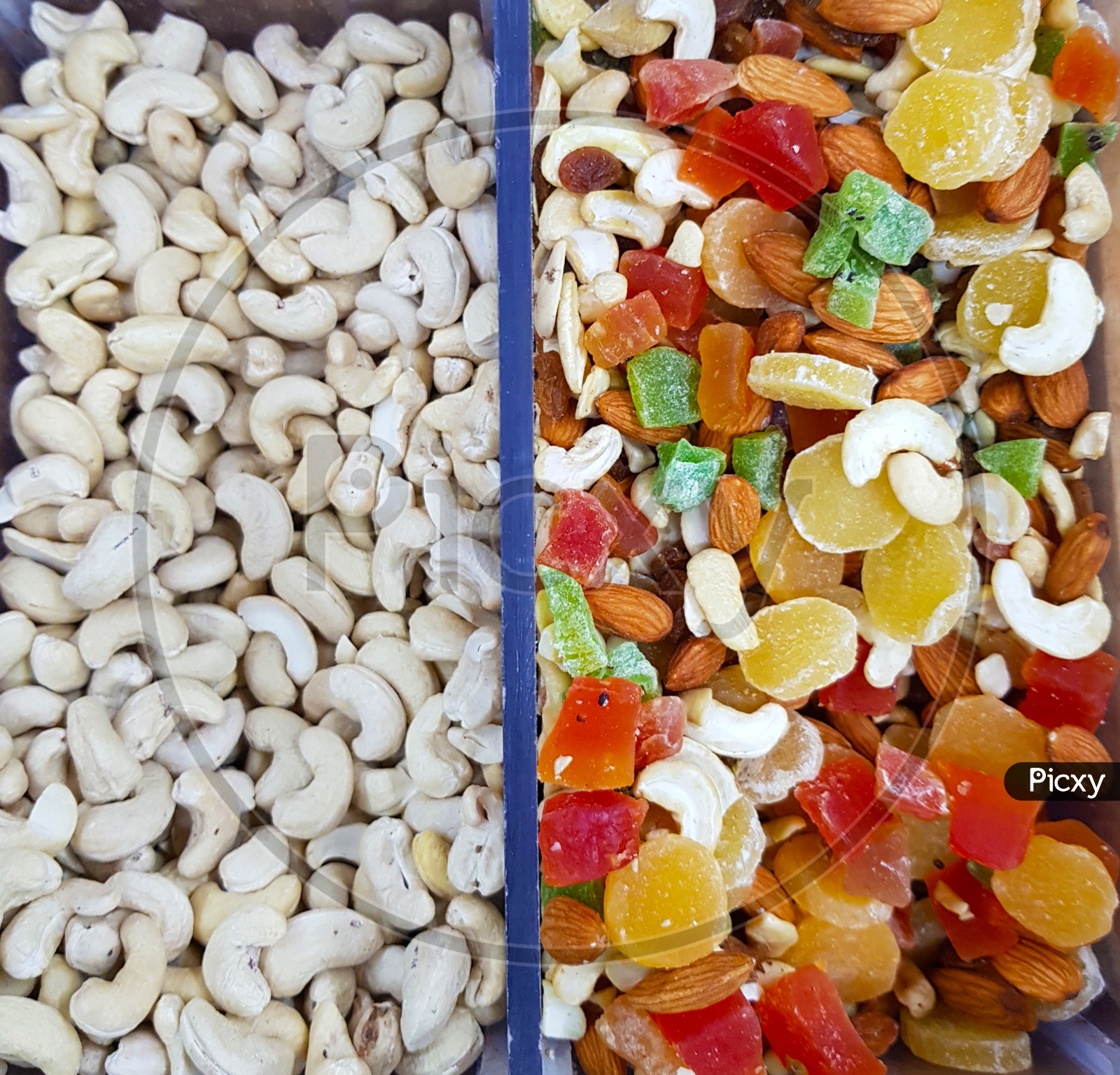 Colourful Dry Fruits And Cashew Nuts In A Shop For Sale