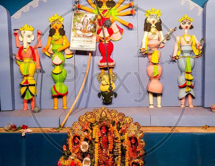 October 2018,Kolkata,West Bengal, India.Godess Durga Idol In A Pandal.Durga Puja Is The Most Important Worldwide Hindu Festival For Bengali Community