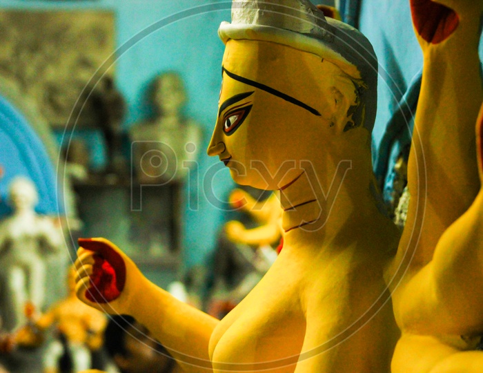 Kumartuli,West Bengal, India, July 2018. A Clay Idol Of Goddess Durga Under Construction At A Shop. Durga Puja Is The Most Awaited Hindu Festival In Eastern India And Worldwide.