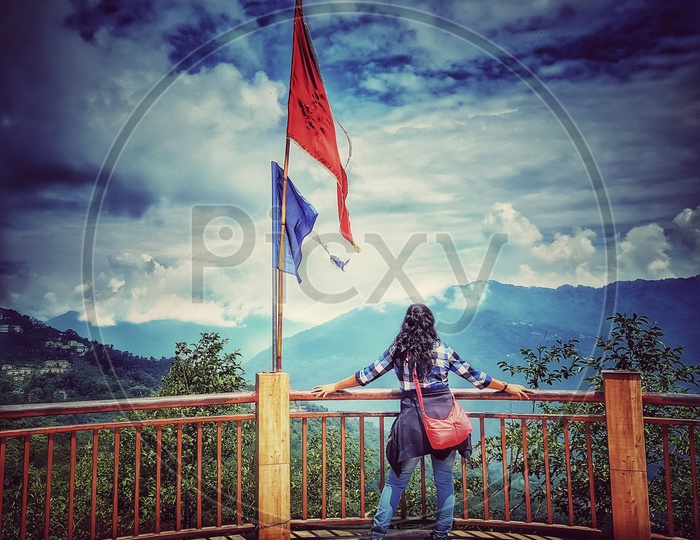 Sikkim, India, September 2018. An Unidentified Tourist Enjoying The View At Tashi View Point In Sikkim,India During Day Time.