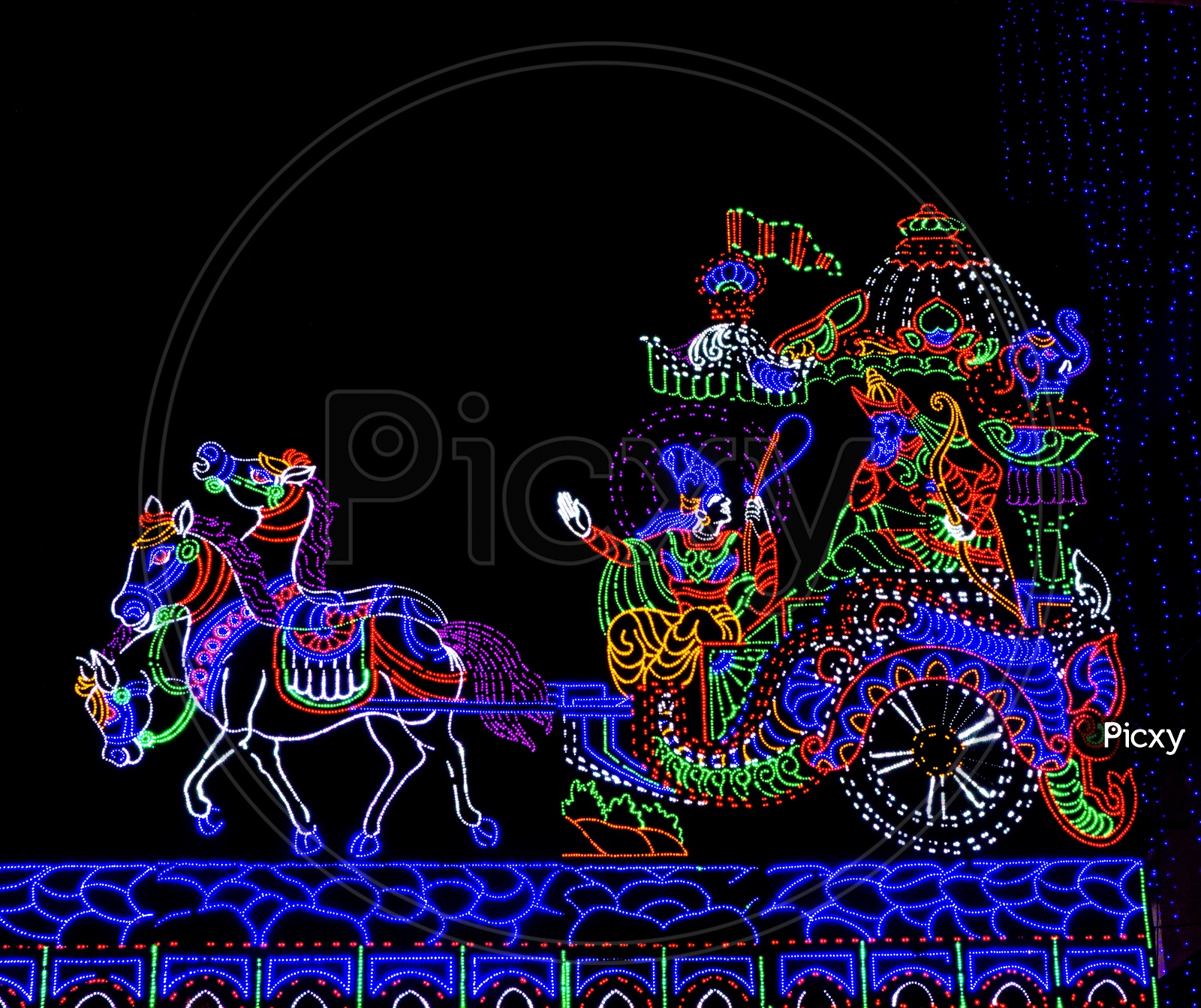 Chariot And Horse Night Lighting Decoration Using Led Lights. Durga Puja Decoration