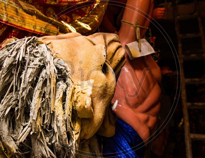 Kumartuli,West Bengal, India, July 2018. A Clay Idol Of Lion And Demon Mahishashura, The Associates Of Goddess Durga Under Construction.Durga Puja Is The Most Awaited Hindu Festival Worldwide.