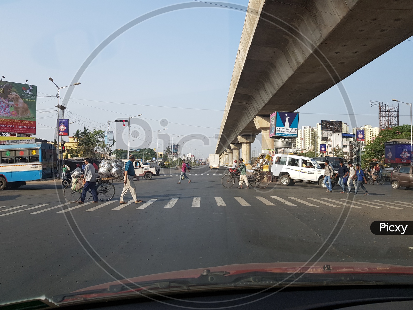 Mukundapur, West Bengal, India, 21.3.2018, Person Crossing The Road Long Zebra Crossing Under Metro Railway Flyover Which Is Under Construction, Kolkata, India