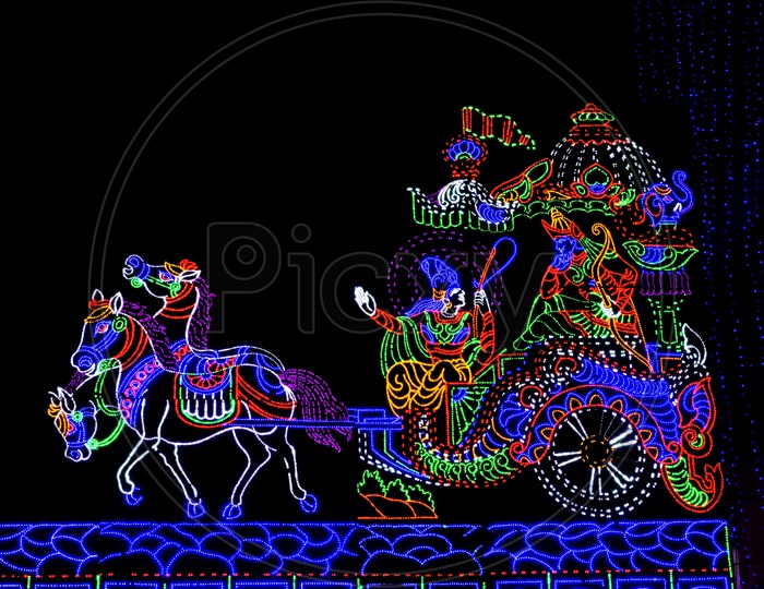 Chariot And Horse Night Lighting Decoration Using Led Lights. Durga Puja Decoration