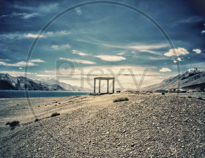 Abandoned Structure Beside Blue Lake With Blue Sky,Pangong.