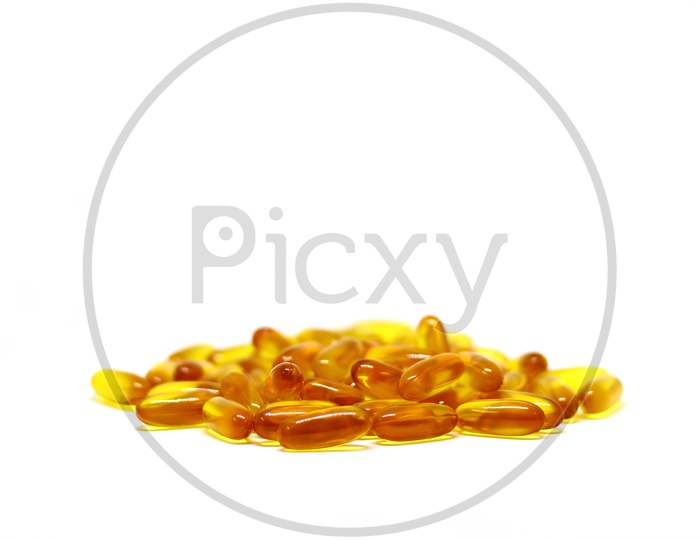 Cod Liver Oil Omega 3 Vitamin E Gel Capsules Isolated On White Background