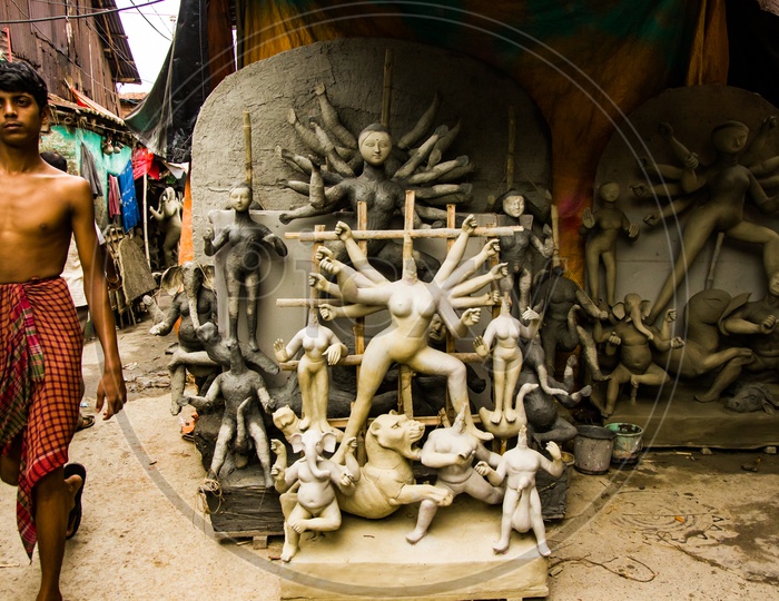 Kumartuli,West Bengal, India, July 2018. A Clay Idol Of Goddess Durga Under Construction.Durga Puja Is The Most Awaited Hindu Festival Worldwide.