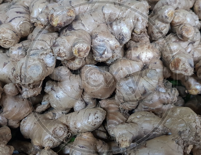 Pile Of Ginger In Vegetable Market For Sale