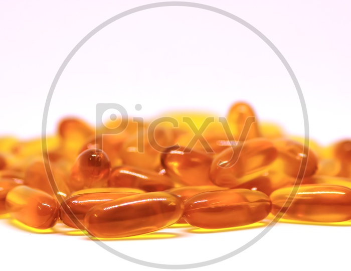 Cod Liver Oil Omega 3 Vitamin E Gel Capsules Isolated On White Background