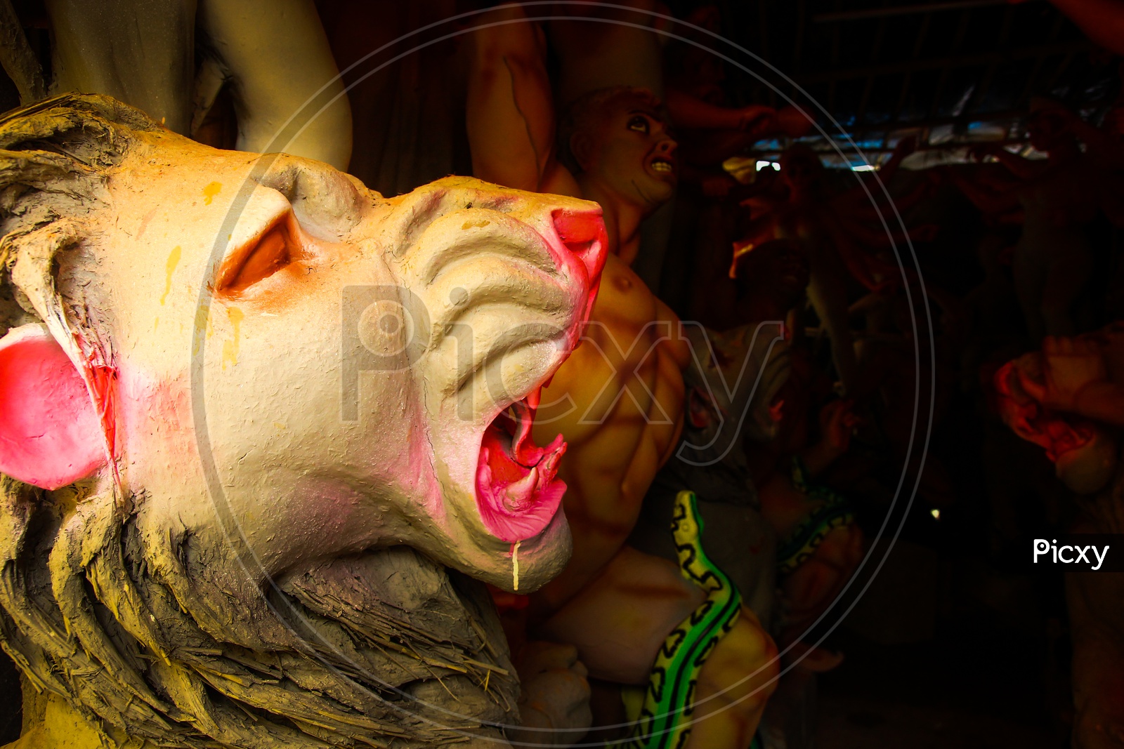 Kumartuli,West Bengal, India, July 2018. A Clay Idol Of Lion,Showing Large Sharp Canine Teeth. Lion Is The Ride Of Goddess Durga And Durga Puja Is The Most Awaited Hindu Festival Worldwide.
