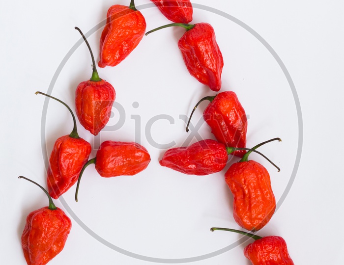 Letter A Alphabet Made With Ghost Pepper Bhoot Jolokia Over White Background