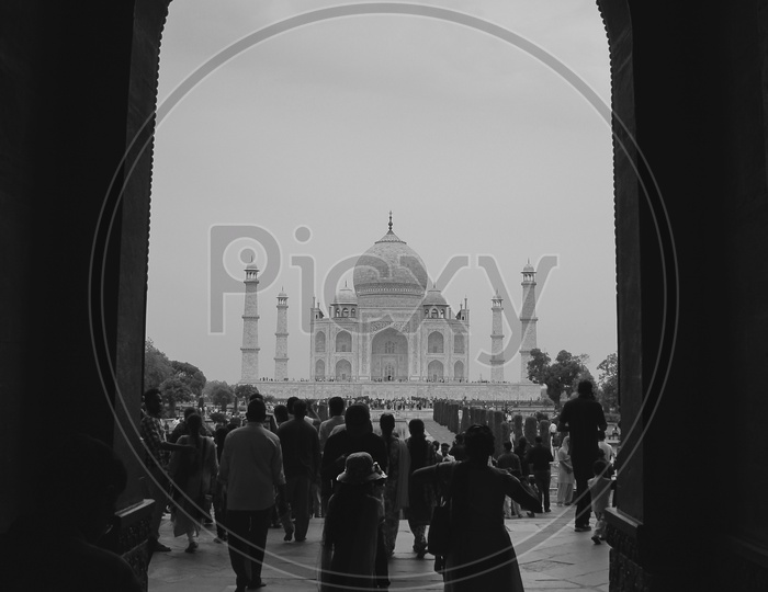 Taj Mahal In Monochrome With Tourists