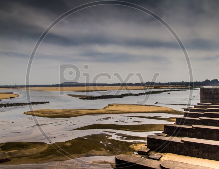 Close Up View Dam Barrage In Durgapur City Landscape With Flood Gates Closed Cloudy Scene