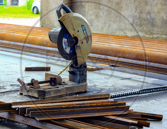 August 2018,Kolkata, India,A Motorized Bosch Steel Rod Cutter Foe Cutting Steel Bars At Construction Site
