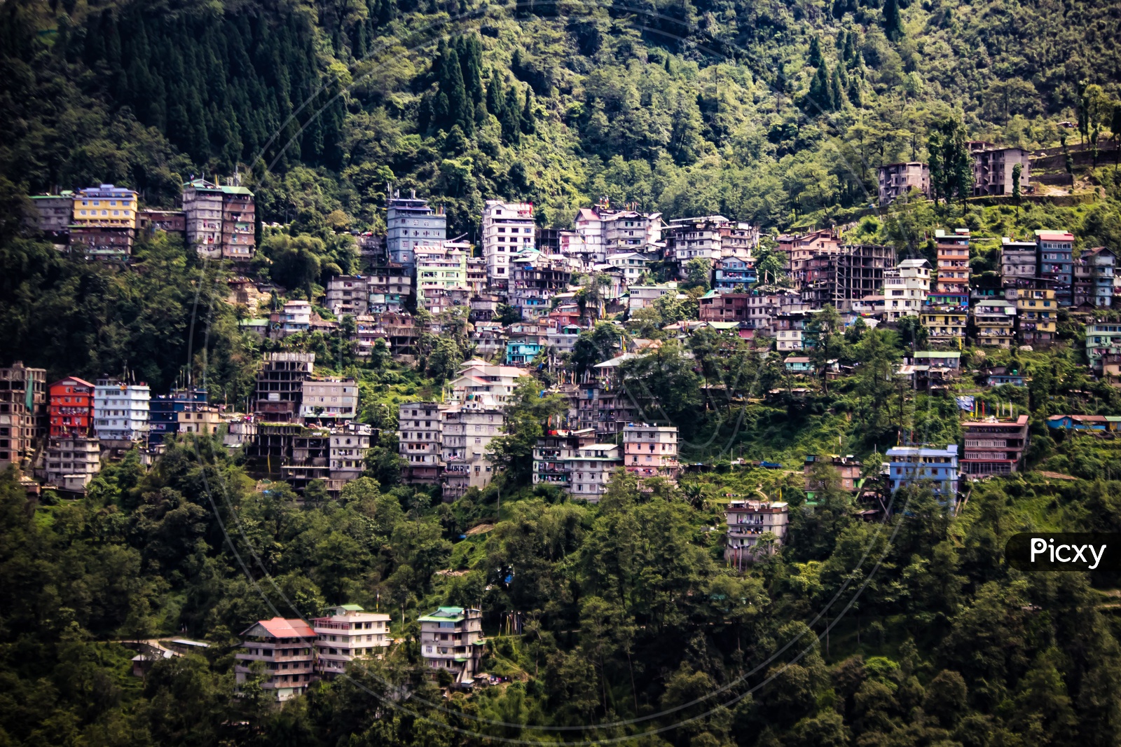 Houses Stacked In Dense Vegetation Of Slopes Of Himalayan Mountain