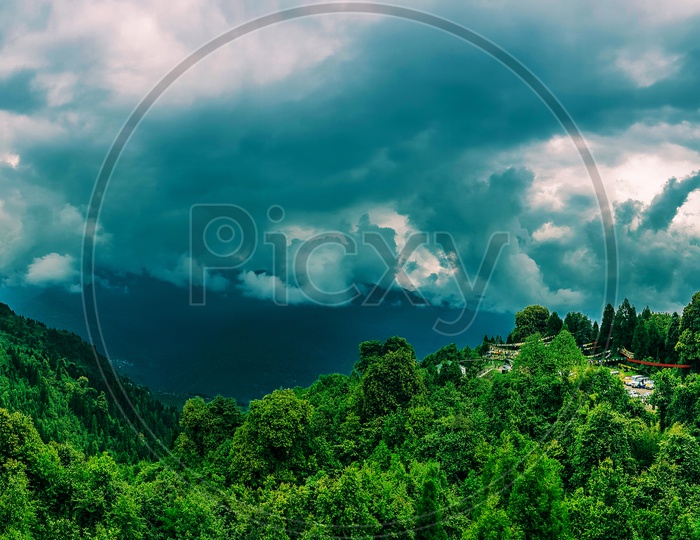 July 2018, Sikkim, India : A Panoramic View Of Himalayan Mountain Range From Hanumantok View Point During A Cloudy Day. This Is A Very Famous Tourist Spot In Sikkim, India