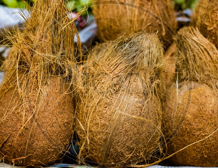Heap Of Brown Coconut Lot In Retail Vegetable Super Market For Sale