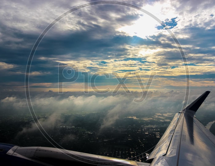 View Of Colourful Horizon And Clouds From An Airplane Window, Holidays, Travel