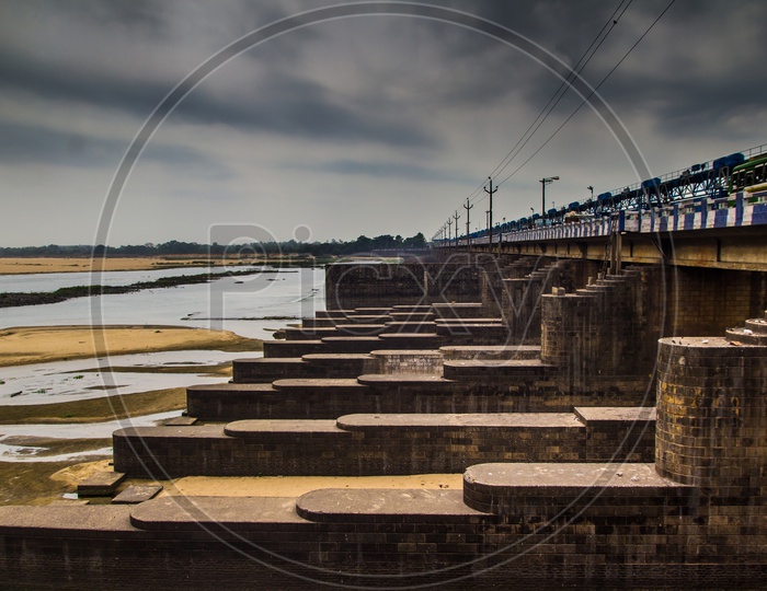 Side View Dam Barrage In Durgapur City Landscape With Flood Gates Closed Clowdy Scene Hdr