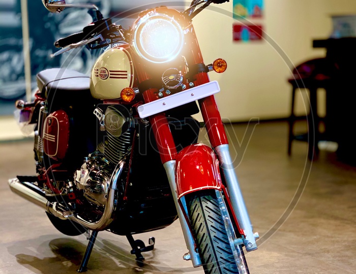 JAWA 300 Cruiser Bike In a Showroom