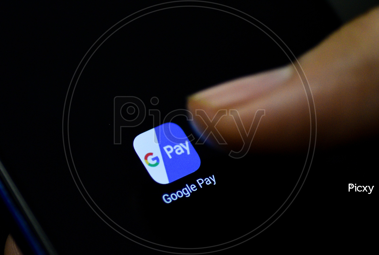 Gpay Online Payments Mobile App Icon Opening on Smartphone Screen  Closeup With Finger