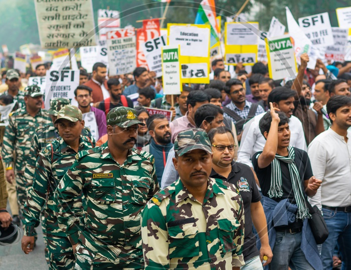 Delhi police and other security forces and Students and teachers from different universities and different organisations demanding withdrawal of 'National Education Policy 2019' and protesting against other issues related to Education