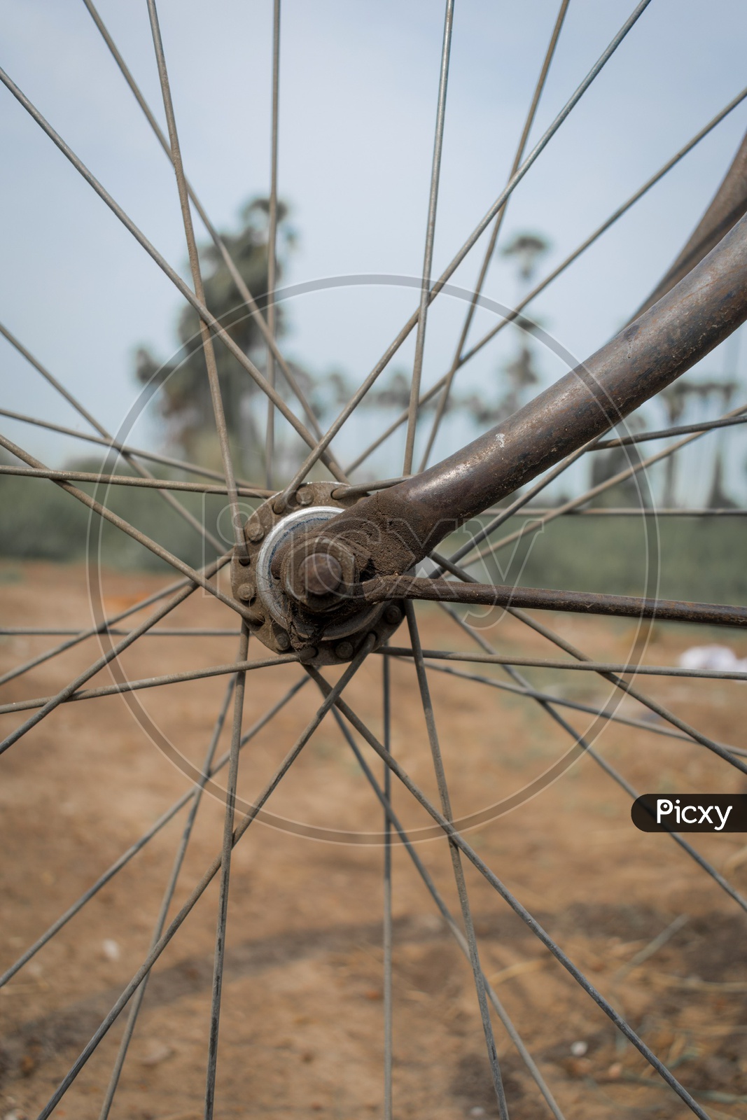 Old rusty vintage bicycle wheel spoke