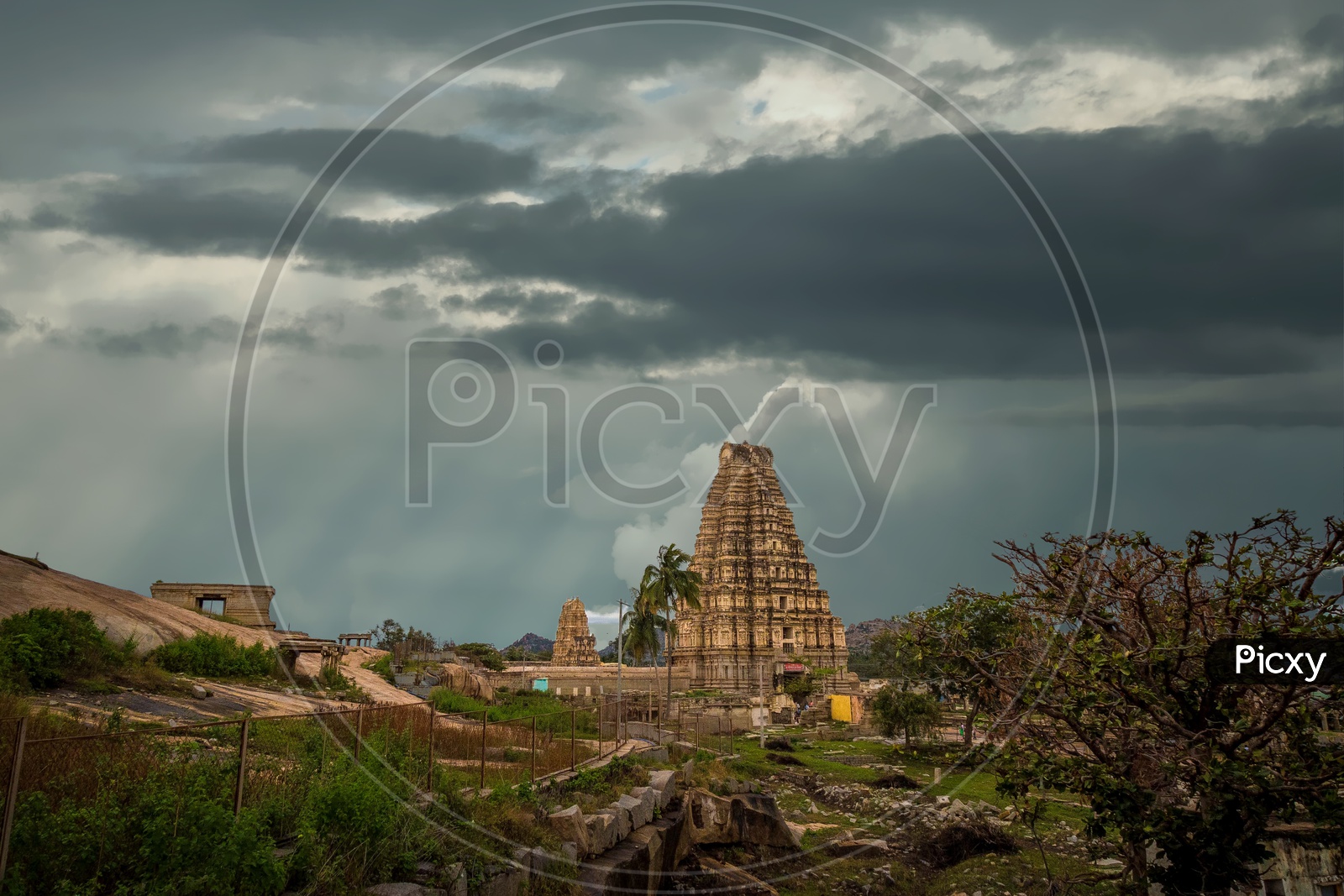 Virupaksha Temple in Unesco World Heritage Town Hampi on a cloudy day